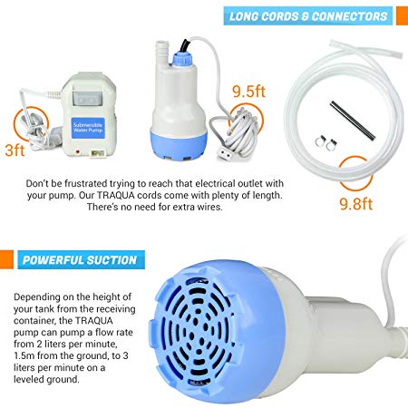 TERA PUMP Portable Submersible Water Filter Pump 110V Electric AC/DC Plug In with 10 feet hose - Easy Fast and Quiet