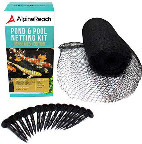AlpineReach Pond & Pool Netting 15 x 20 ft - DENSE FINE MESH HEAVY DUTY NET | Cover for Leaves | Protects Koi Fish from Birds, Blue Heron, Cats, Predators UV Protection All Accessories Stakes Included