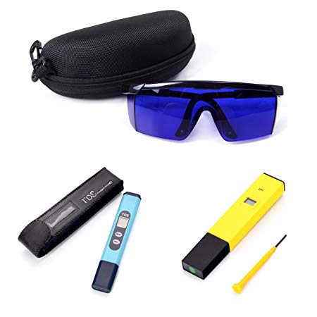 HDE Grower's Hydroponic Accessory Tool Kit - Digital pH Meter and TDS Water Quality ppm Pen and Blue Lens Grow Room Polycarbonate Safety Glasses